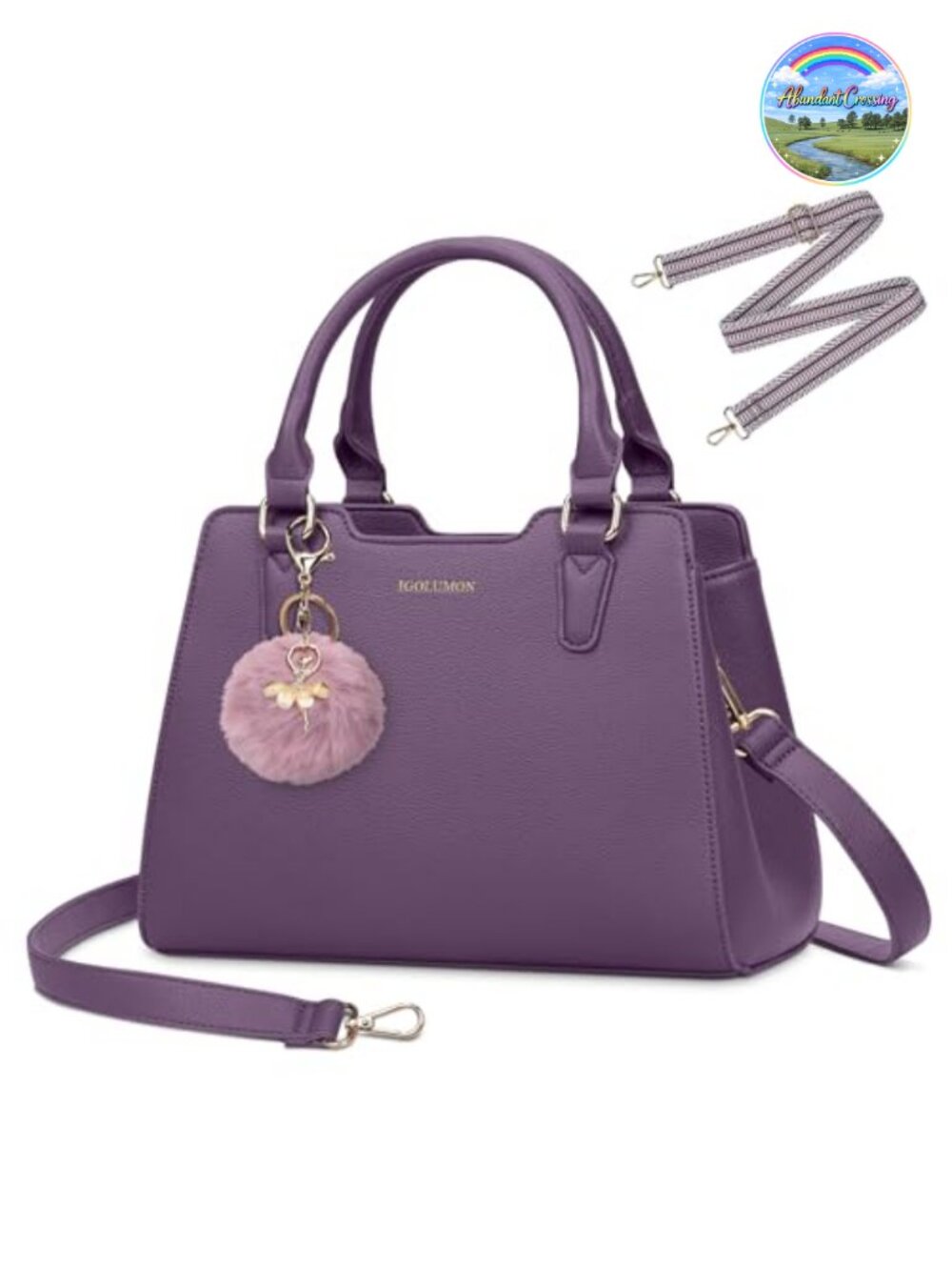 PU Vegan Leather Satchel Top-Handle Handbag with Removable Pompom